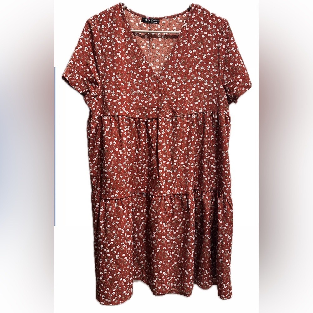 SHEIN Rust Red Floral V-Neck Dress